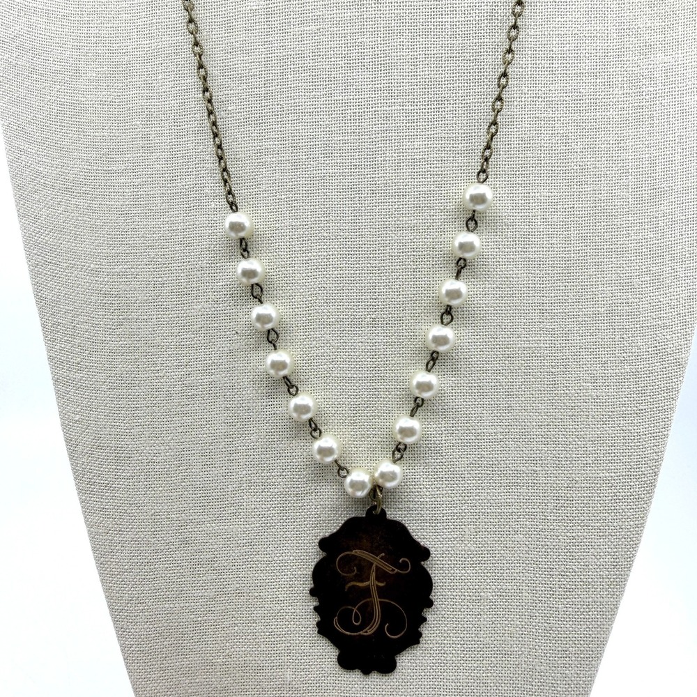 Vintage F Monogram Pearl Pendant Necklace Gold Tone Layered Statement